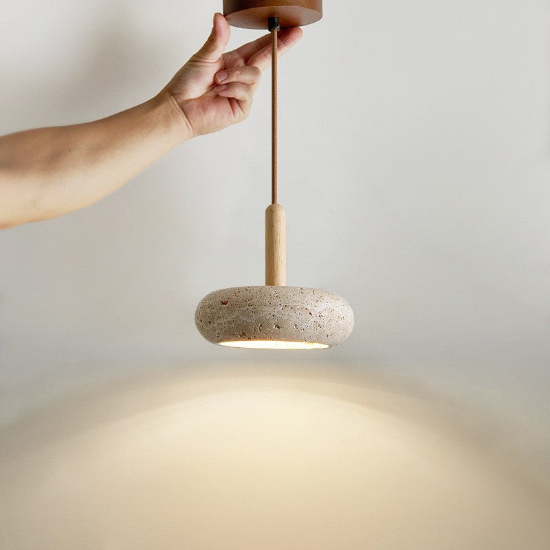Traditional Japanese Dome Wood Stone LED Pendant Light For Living Room