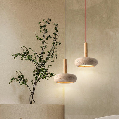 Traditional Japanese Dome Wood Stone LED Pendant Light For Living Room