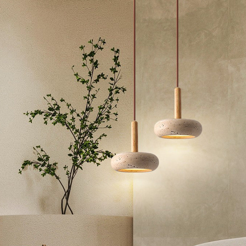 Traditional Japanese Dome Wood Stone LED Pendant Light For Living Room