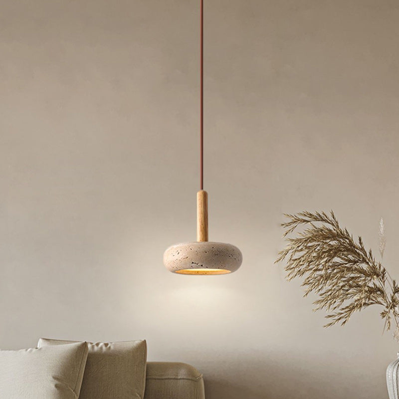 Traditional Japanese Dome Wood Stone LED Pendant Light For Living Room