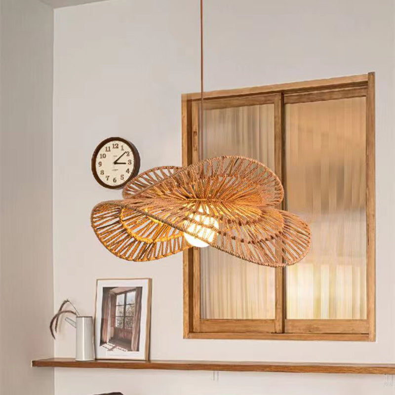 Traditional Japanese Oval Iron Rattan 1-Light Pendant Light For Living Room