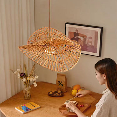 Traditional Japanese Oval Iron Rattan 1-Light Pendant Light For Living Room