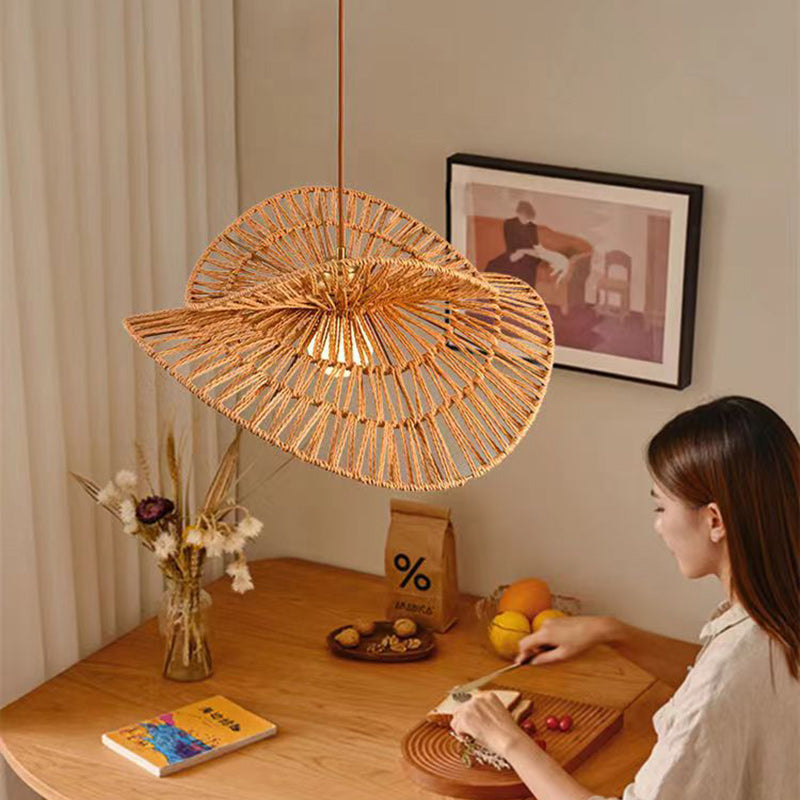 Traditional Japanese Oval Iron Rattan 1-Light Pendant Light For Living Room