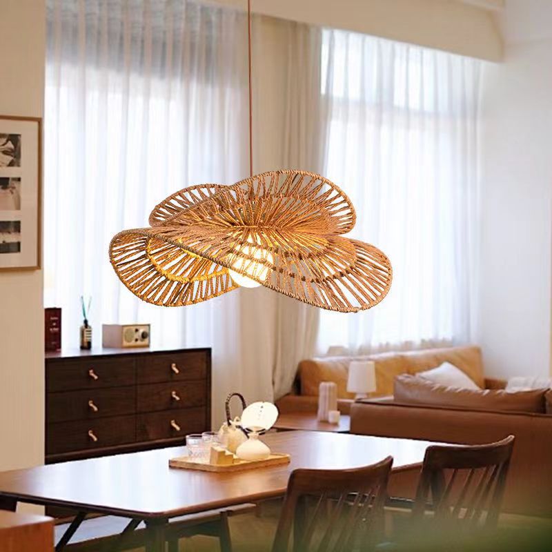 Traditional Japanese Oval Iron Rattan 1-Light Pendant Light For Living Room