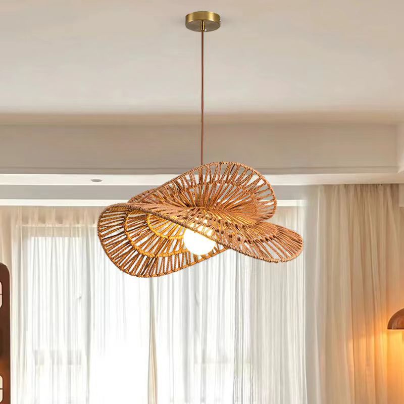 Traditional Japanese Oval Iron Rattan 1-Light Pendant Light For Living Room