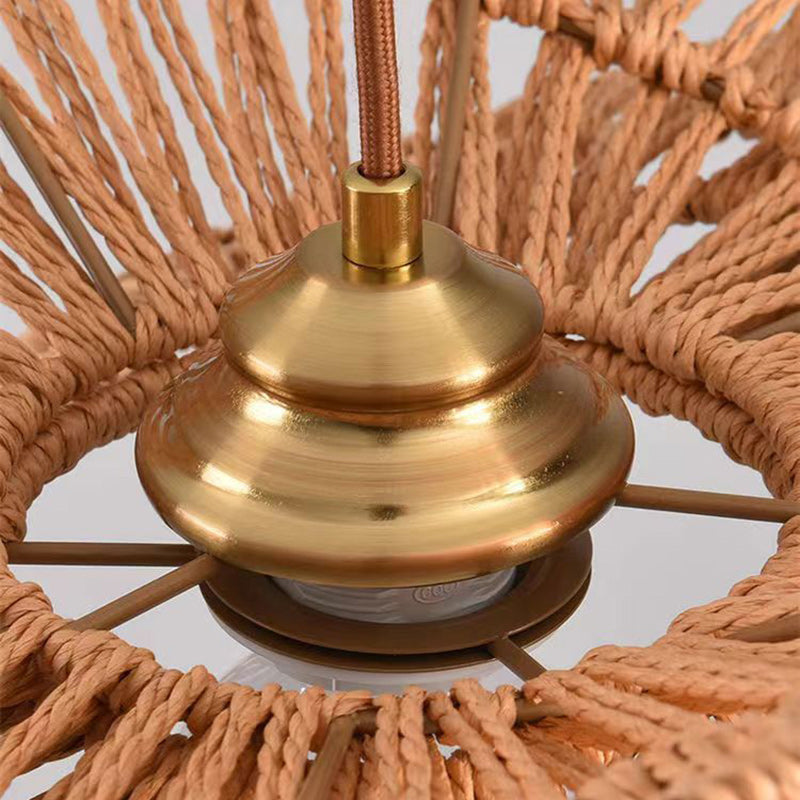 Traditional Japanese Oval Iron Rattan 1-Light Pendant Light For Living Room