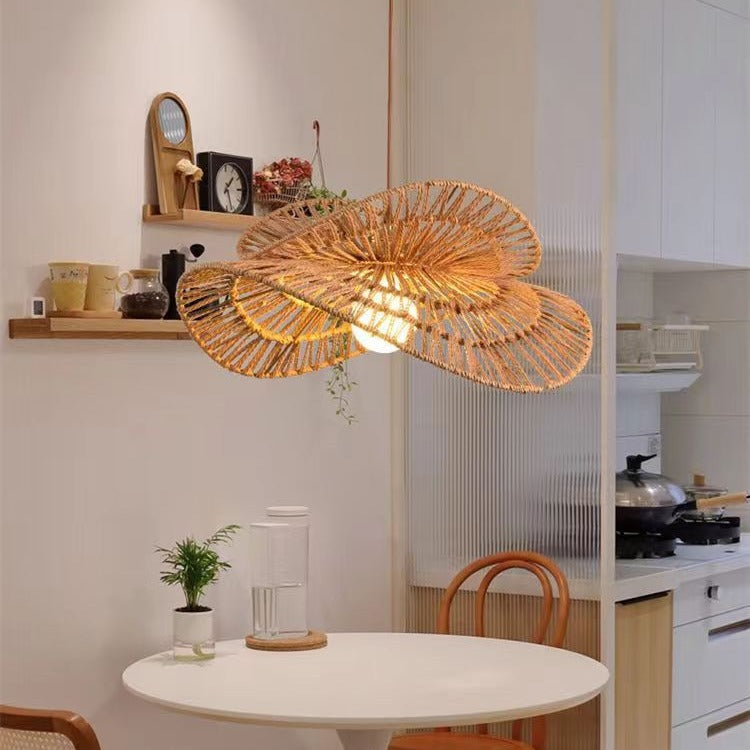 Traditional Japanese Oval Iron Rattan 1-Light Pendant Light For Living Room