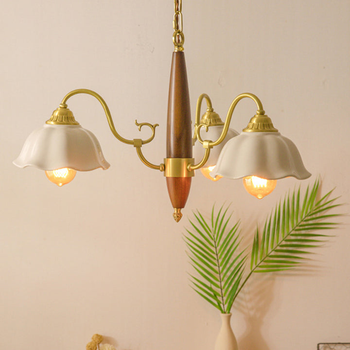 Traditional Japanese Drum Wood Copper Ceramic 3/5-Light Chandelier For Living Room