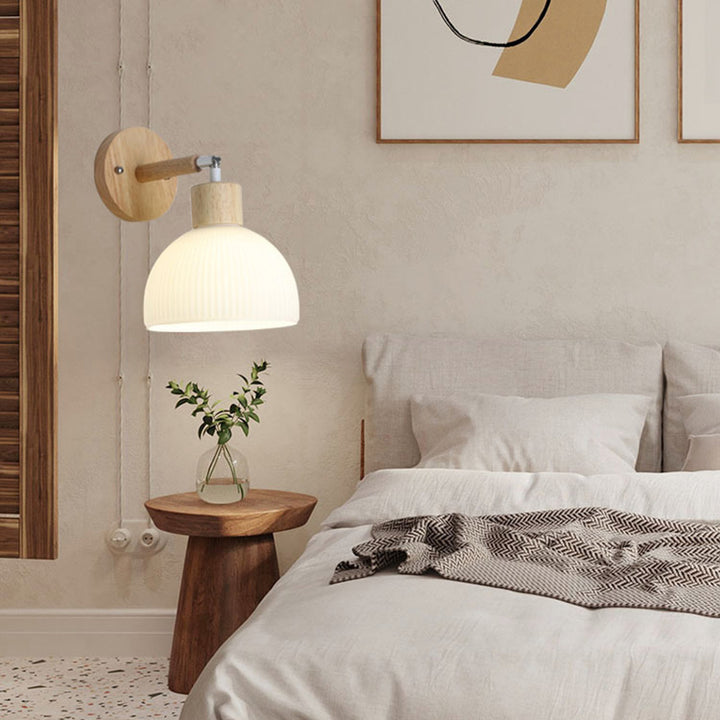 Contemporary Scandinavian Dome Wood Glass 1-Light Wall Sconce Lamp For Living Room