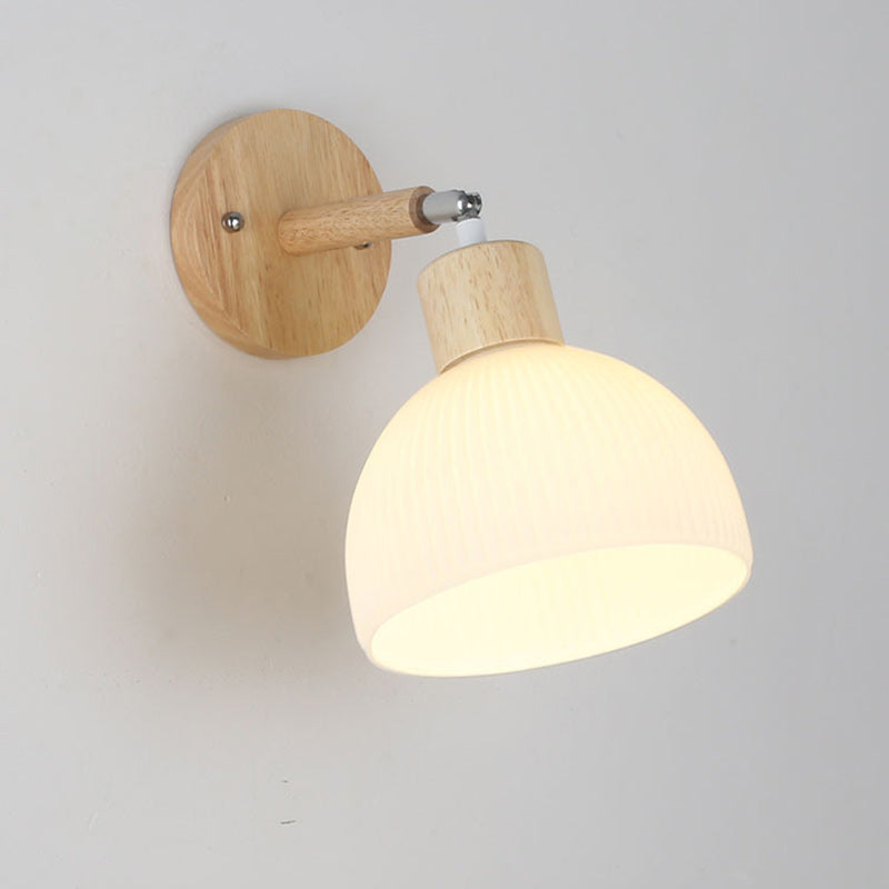 Lámpara de pared contemporánea escandinava de cúpula de madera y vidrio de 1 luz para sala de estar 