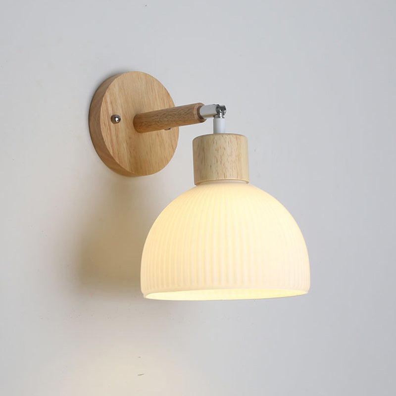Lámpara de pared contemporánea escandinava de cúpula de madera y vidrio de 1 luz para sala de estar 