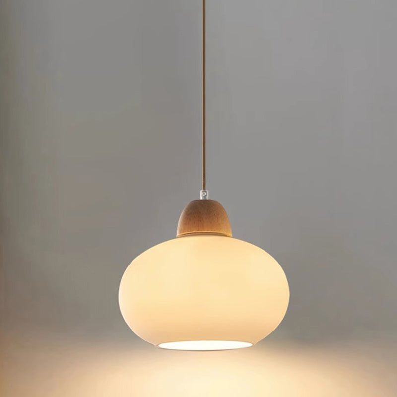 Traditional Japanese Oval Wood Glass 1-Light Pendant Light For Living Room