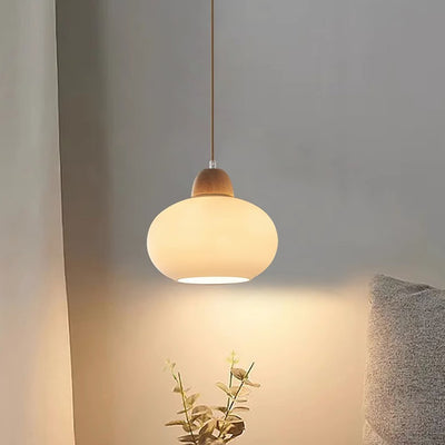 Traditional Japanese Oval Wood Glass 1-Light Pendant Light For Living Room