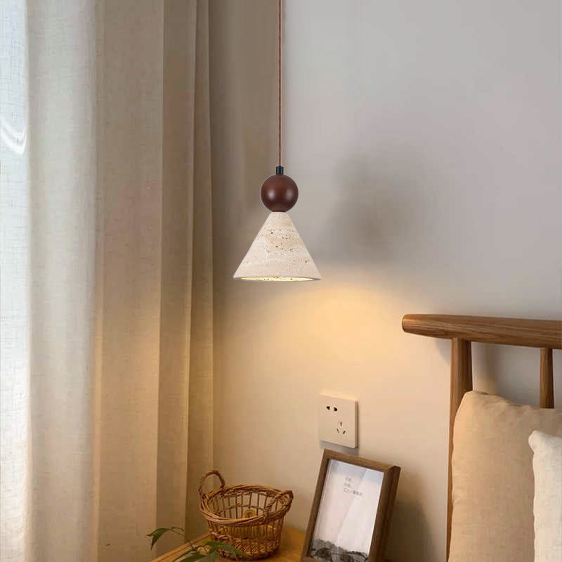 Traditionelle japanische Kegel Holz Stein 1-Licht Pendelleuchte für Wohnzimmer 