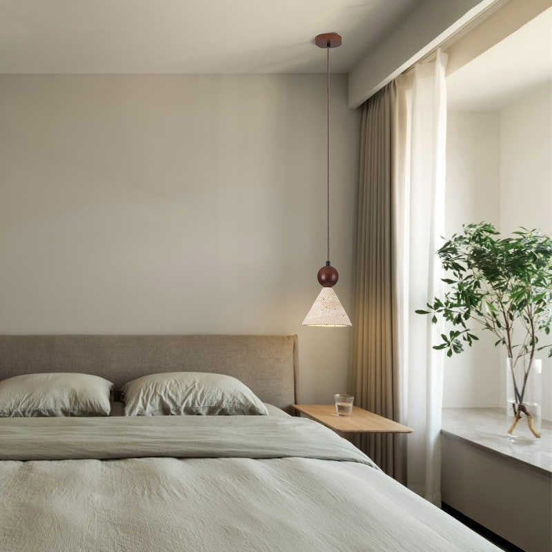 Traditionelle japanische Kegel Holz Stein 1-Licht Pendelleuchte für Wohnzimmer 