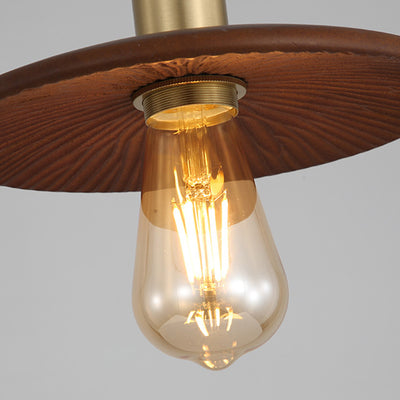 Traditional Japanese Round Copper Wood 1-Light Pendant Light For Living Room