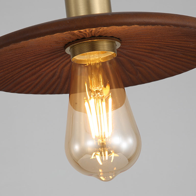 Traditional Japanese Round Copper Wood 1-Light Pendant Light For Living Room
