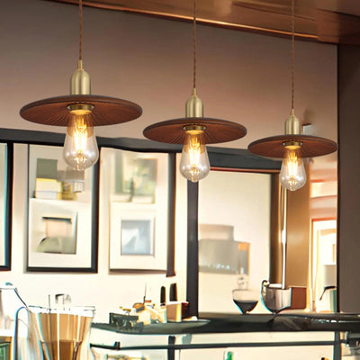 Traditional Japanese Round Copper Wood 1-Light Pendant Light For Living Room