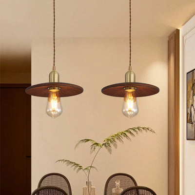 Traditional Japanese Round Copper Wood 1-Light Pendant Light For Living Room