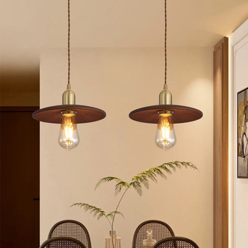 Traditional Japanese Round Copper Wood 1-Light Pendant Light For Living Room