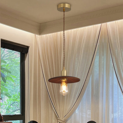 Traditional Japanese Round Copper Wood 1-Light Pendant Light For Living Room