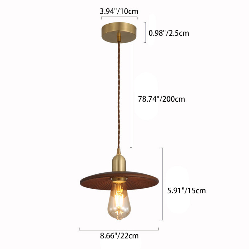 Traditional Japanese Round Copper Wood 1-Light Pendant Light For Living Room