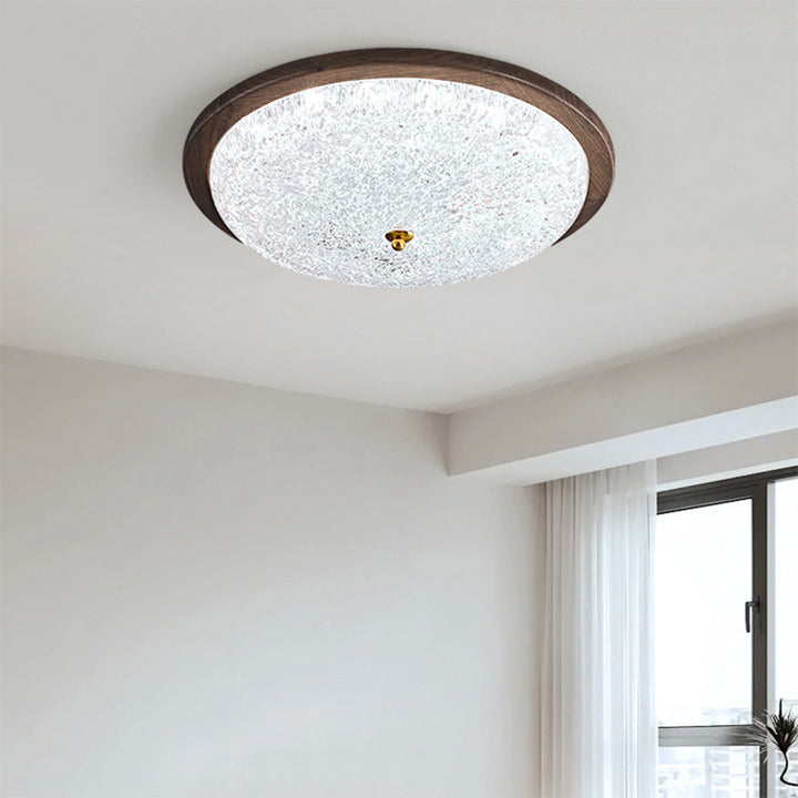 Contemporary Retro Round Wood Resin LED Flush Mount Ceiling Light For Living Room