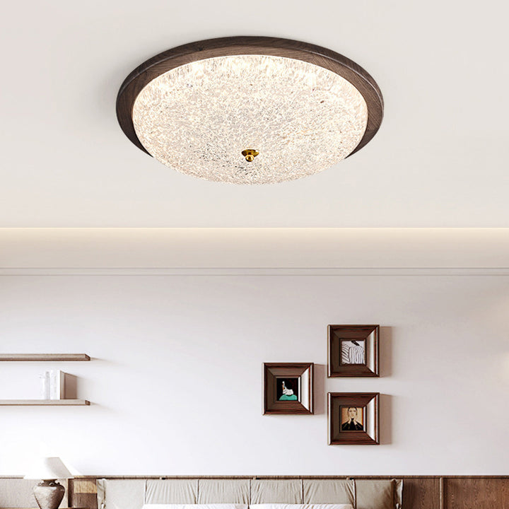 Contemporary Retro Round Wood Resin LED Flush Mount Ceiling Light For Living Room