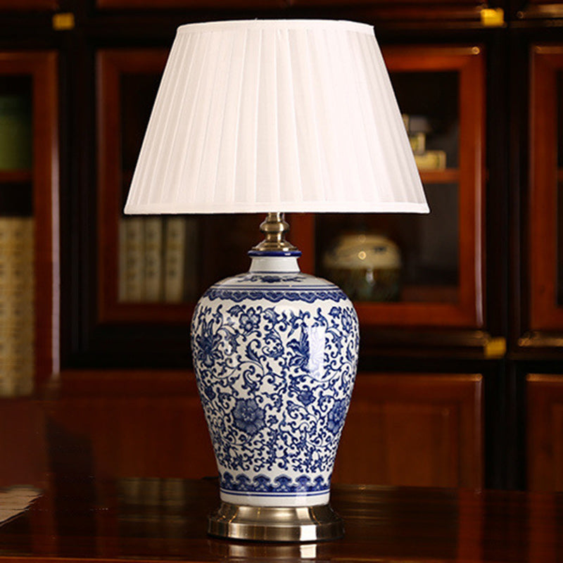 Traditionelle chinesische Trommel Keramik Stoff 1-Licht Tischlampe für das Wohnzimmer 