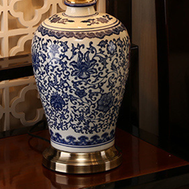 Traditionelle chinesische Trommel Keramik Stoff 1-Licht Tischlampe für das Wohnzimmer 