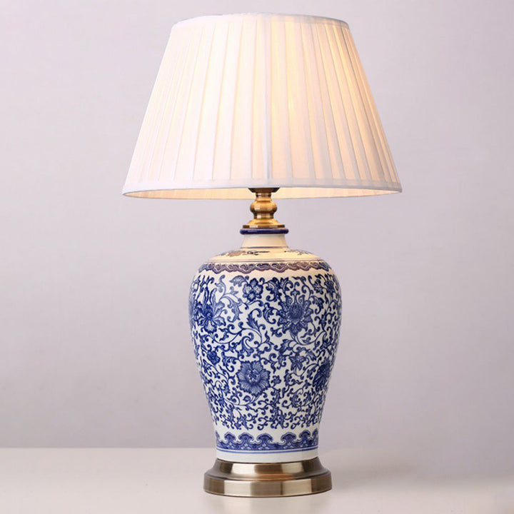 Traditionelle chinesische Trommel Keramik Stoff 1-Licht Tischlampe für das Wohnzimmer 