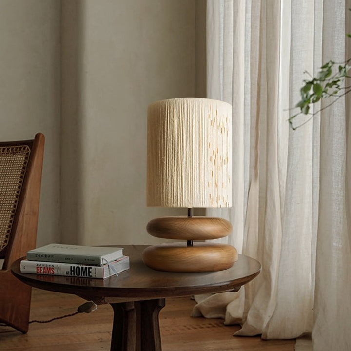 Traditional Japanese Cylinder Iron Wood Fabric 1-Light Table Lamp For Living Room