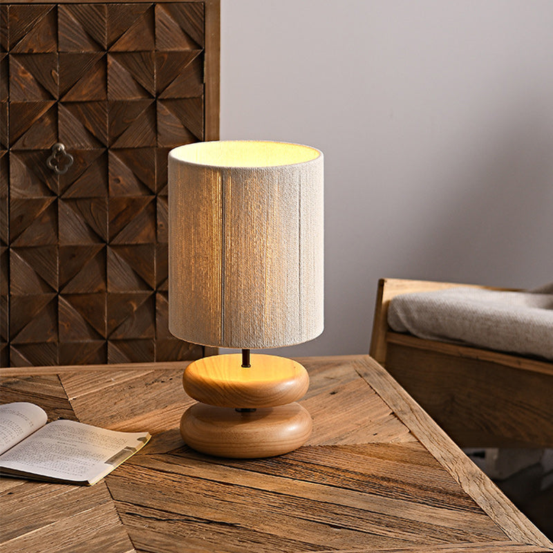 Traditional Japanese Cylinder Iron Wood Fabric 1-Light Table Lamp For Living Room