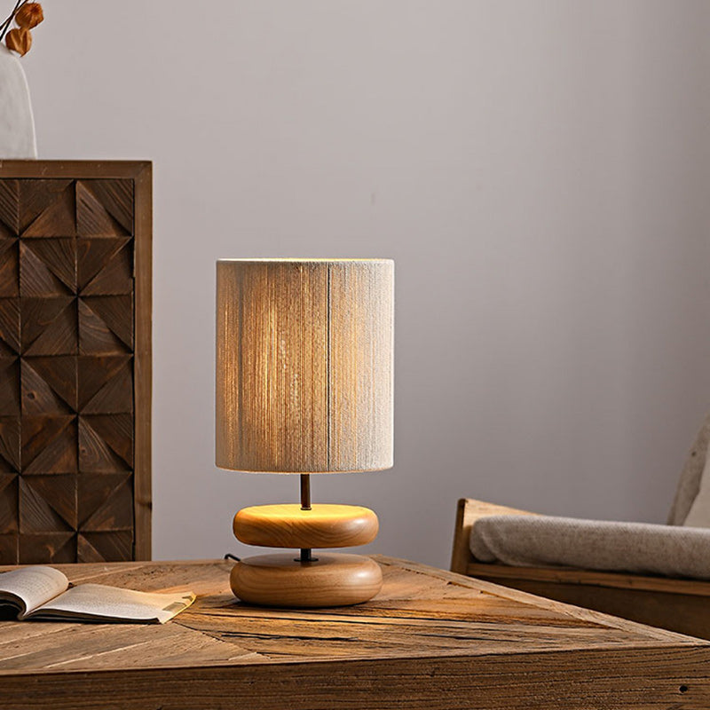Traditionelle japanische Zylinder-Eisen-Holz-Stoff 1-Licht-Tischlampe für das Wohnzimmer 
