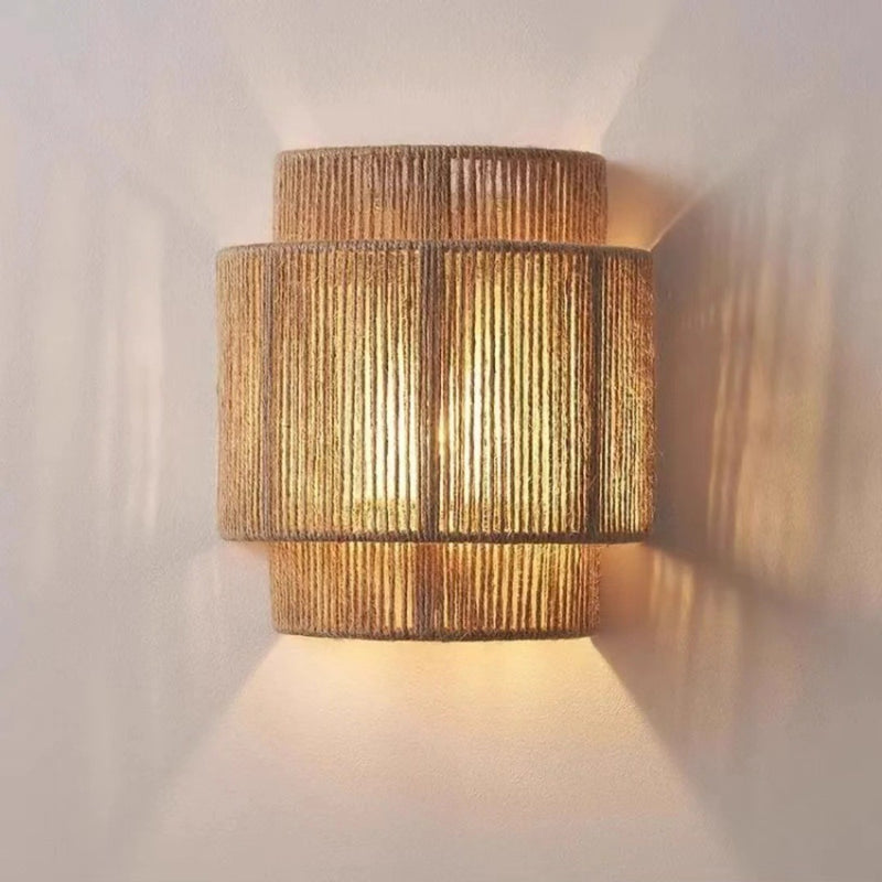 Traditional Japanese Cylinder Rattan 1-Light Wall Sconce Lamp For Living Room
