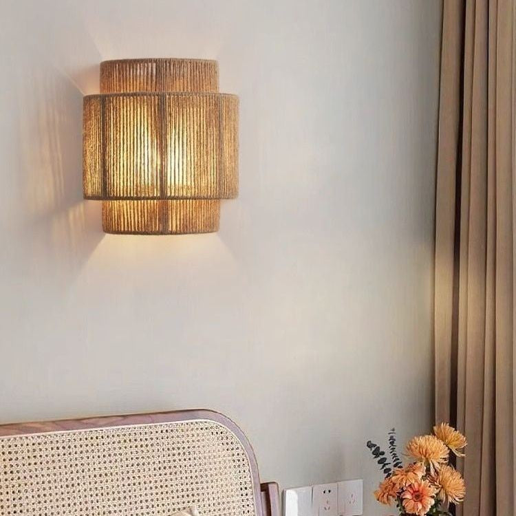 Traditional Japanese Cylinder Rattan 1-Light Wall Sconce Lamp For Living Room
