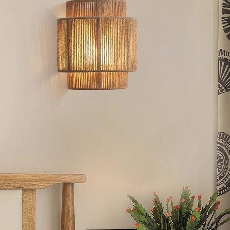 Traditional Japanese Cylinder Rattan 1-Light Wall Sconce Lamp For Living Room