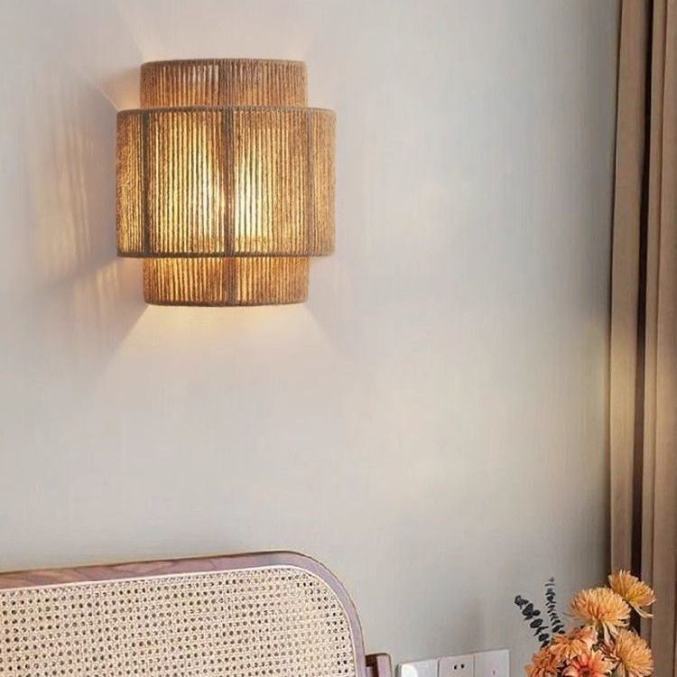 Traditional Japanese Cylinder Rattan 1-Light Wall Sconce Lamp For Living Room