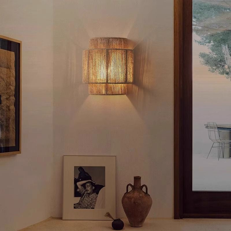 Traditional Japanese Cylinder Rattan 1-Light Wall Sconce Lamp For Living Room