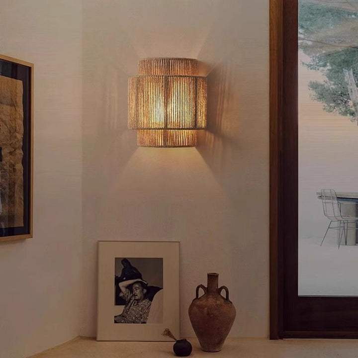 Traditional Japanese Cylinder Rattan 1-Light Wall Sconce Lamp For Living Room