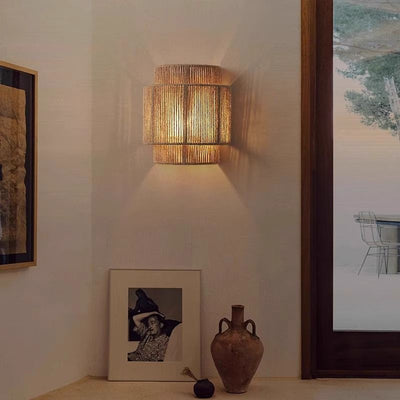 Traditional Japanese Cylinder Rattan 1-Light Wall Sconce Lamp For Living Room