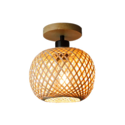 Traditional Japanese Oval Wood Iron Bamboo 1-Light Semi-Flush Mount Ceiling Light For Living Room