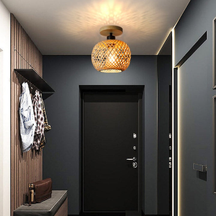 Traditionelle japanische ovale Holz-Eisen-Bambus 1-Licht Semi-Flush-Mount-Deckenleuchte für das Wohnzimmer 