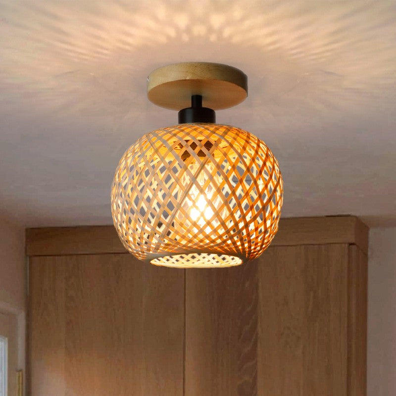 Traditional Japanese Oval Wood Iron Bamboo 1-Light Semi-Flush Mount Ceiling Light For Living Room