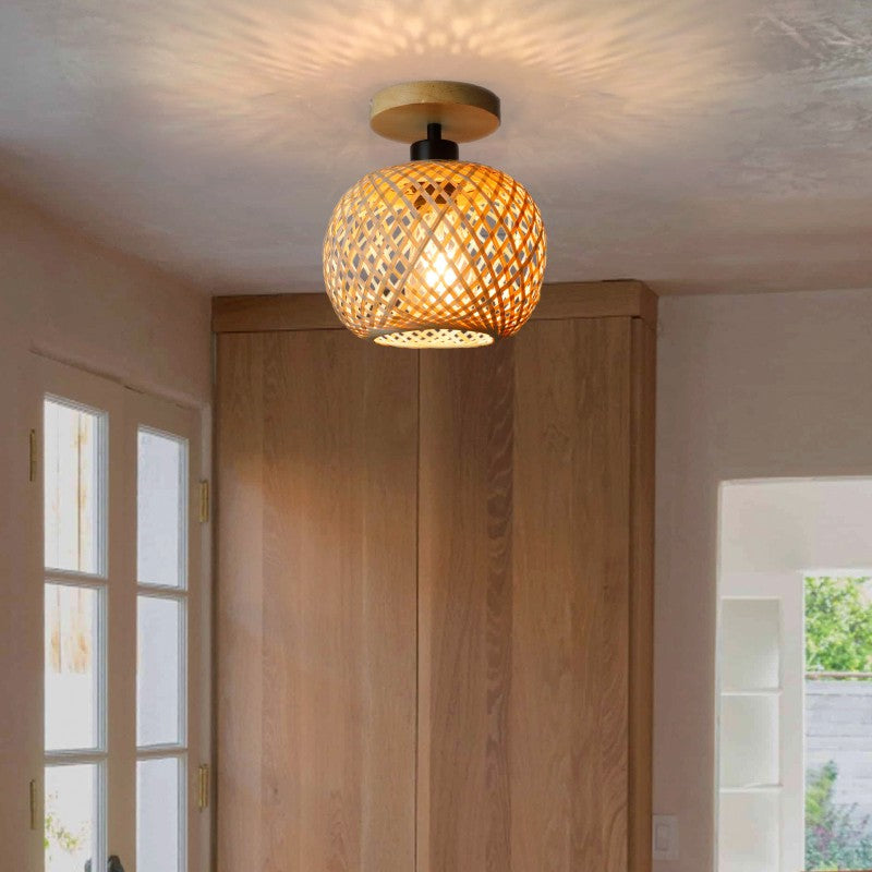 Traditional Japanese Oval Wood Iron Bamboo 1-Light Semi-Flush Mount Ceiling Light For Living Room