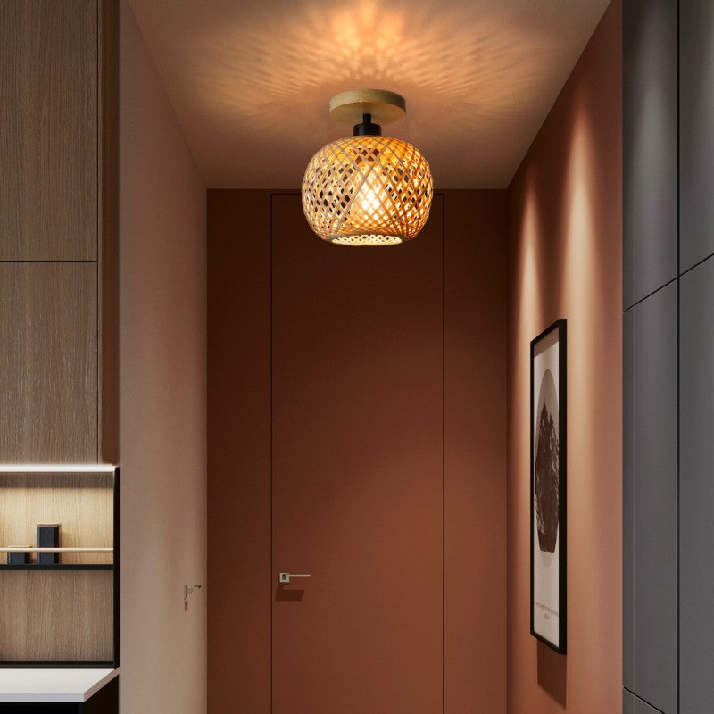 Traditional Japanese Oval Wood Iron Bamboo 1-Light Semi-Flush Mount Ceiling Light For Living Room