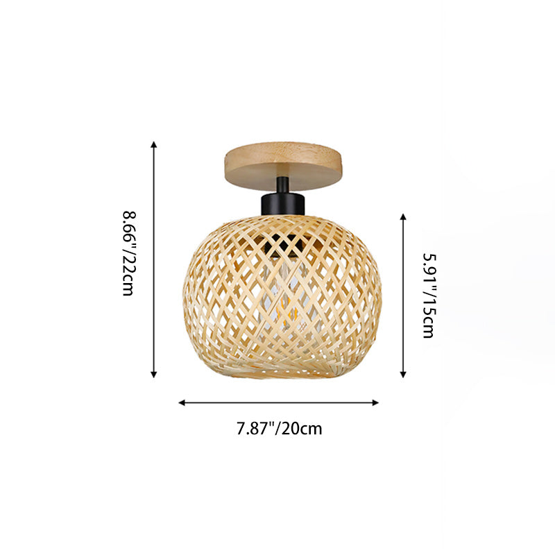 Traditional Japanese Oval Wood Iron Bamboo 1-Light Semi-Flush Mount Ceiling Light For Living Room