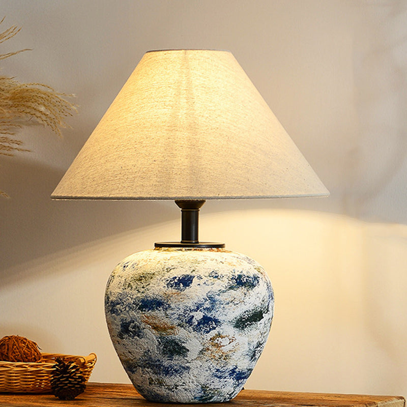Traditional Japanese Drum Ceramic Fabric 1-Light Table Lamp For Living Room