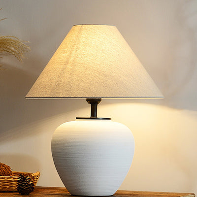 Traditional Japanese Drum Ceramic Fabric 1-Light Table Lamp For Living Room