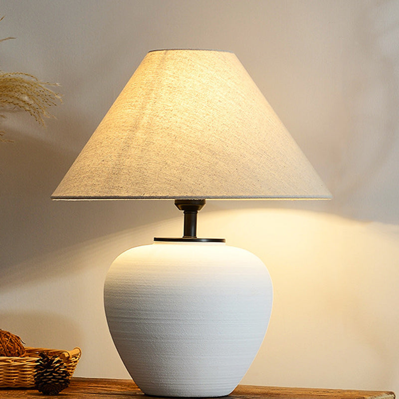 Traditional Japanese Drum Ceramic Fabric 1-Light Table Lamp For Living Room